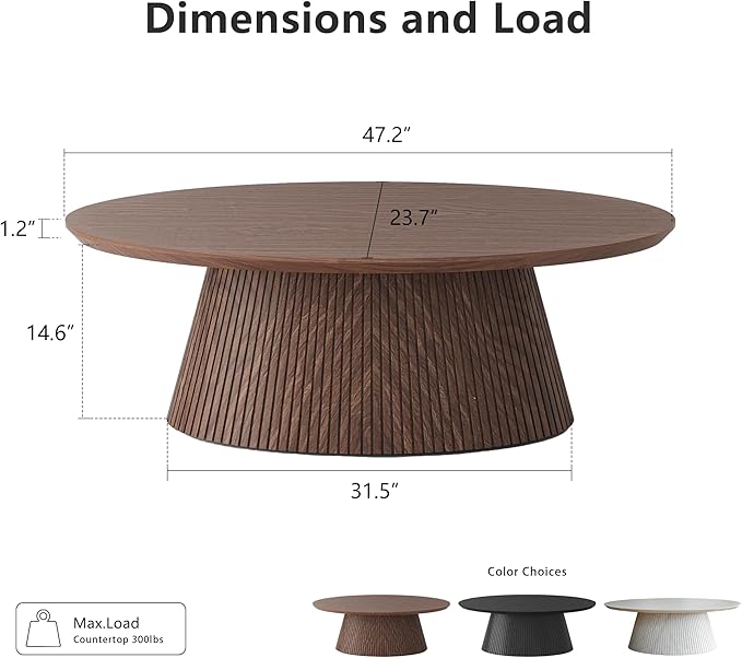 win2win Oval Coffee Table, Mid Century Modern Coffee Table with Fluted Design, Small Funky Tea Table with Wood Grain Veneer, Minimalist Center Table for Living Room, Apartment, Office, Walnut