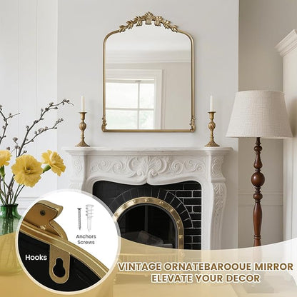 WallBeyond Gold Antique Mirror for Vanity 28x36 Inch, Gold Vintage Mirror with Ornate Frame, Arched Vintage Wall for Bathroom, Living Room, Fireplace