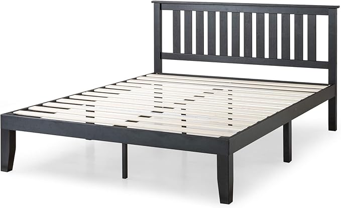 Mellow Marley 14 Inch Solid Wood Platform Bed with Paneled Headboard, Ebony Black, Queen
