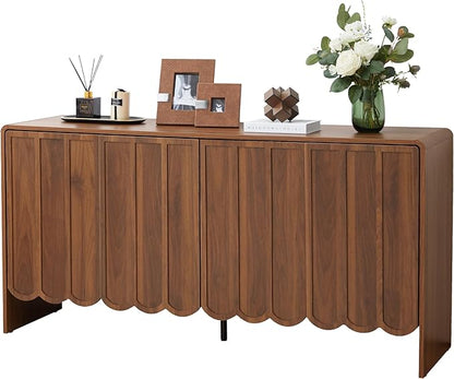 ORRD Sideboard Buffet Cabinet, Accent Storage Cabinets with 4 Doors, Farmhouse Wood Cabinet with Adjustable Shelves and Wave Panel for Living Room, Dining Room, Entry - Walnut