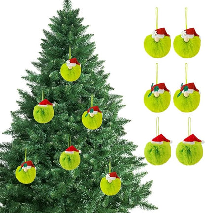 12 Pcs Green Furry Christmas Ball Ornaments,2.4 in Lime Green Plush Ball Hanging Ornaments with Red Santa Hat,Snowman and Leaf,Elf Xmas Hanging Baubles,Soft Faux Fur Pom Pom Ball Decor for Tree