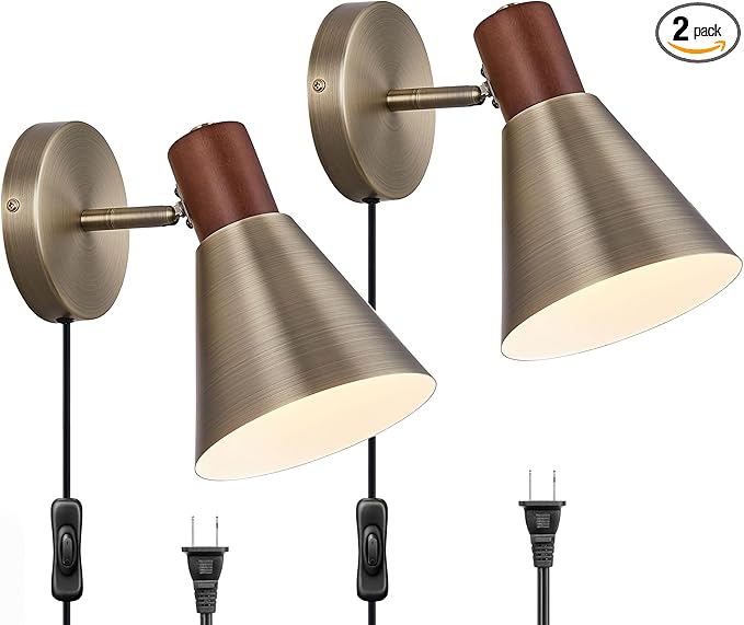 Plug in Wall Sconces Lighting Fixture Pack of 2, Vintage Brass Wooden Adjustable Bedside Wall lamp for Industrial Bedroom, Bathroom Sink Lighting (Plug-in Vintage Brass, 2)