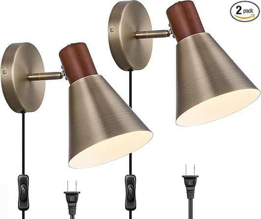 Plug in Wall Sconces Lighting Fixture Pack of 2, Vintage Brass Wooden Adjustable Bedside Wall lamp for Industrial Bedroom, Bathroom Sink Lighting (Plug-in Vintage Brass, 2)