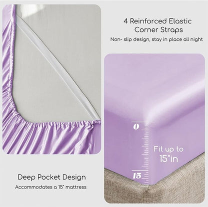 MR&HM Satin Bed Sheets with Elastic Corner Straps, King Size Sheets Set, 4 Pcs Silky Bedding Set with 15 Inches Deep Pocket for Mattress (King, Lilac)