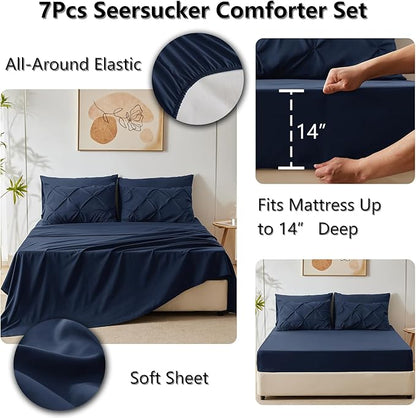 CozyLux Full Size Comforter Sets Navy Blue, 7 Pieces Pintuck Bed in A Bag Blue Comforter Full Size, Pinch Pleat Bedding Sets with All Season Comforter, Sheets, Pillowcases & Shams