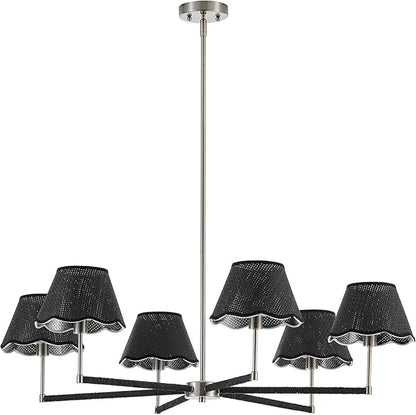 39" Boho Rattan Chandelier Large Adjustable Modern Black and Brushed Nickel Pendant Light for Kitchen Island Dining Living Room, UL Listed