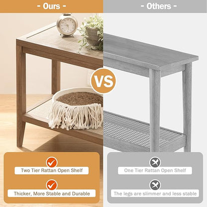 SICOTAS Boho Rattan Nightstand Bedside Table Farmhouse Narrow End Table Accent Side Table, Wood