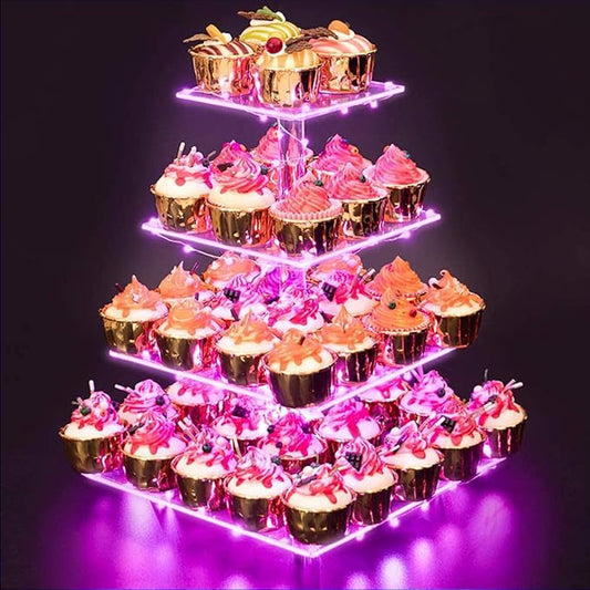 Cupcake Stand – Premium Cupcake Holder – Cady Bar Party Décor – 4 Tier Acrylic Tower Display for Pastry + LED Light String – Ideal for Weddings, Birthday (Pink Light)
