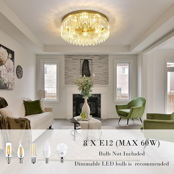24in Gold Crystal Chandeliers Flush Mount Ceiling Light, 8 Lights Modern Crystal Ceiling Light, Large Round Chandelier Lighting Fixture for Dining Room Living Room Bedroom Kitchen