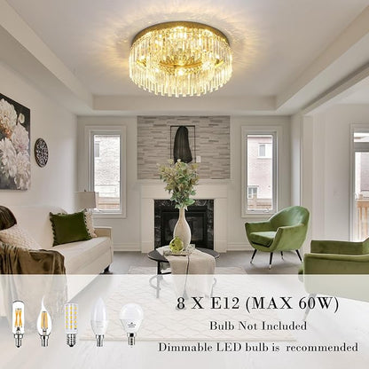 24in Gold Crystal Chandeliers Flush Mount Ceiling Light, 8 Lights Modern Crystal Ceiling Light, Large Round Chandelier Lighting Fixture for Dining Room Living Room Bedroom Kitchen