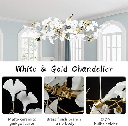 48 Inch Modern Chandelier for Dining Room, Gold Tree Branch Chandeliers with Ceramic Ginkgo Leaves, Leaf Chandeliers, 6-Light Hanging Pendant Light Fixture for Living Room, Kitchen Island