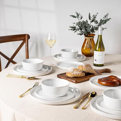 AmorArc Dinnerware Sets for 6, 18 Piece Stoneware Plates and Bowls Set, Chip and Crack Resistant Plates Set, Dishwasher & Microwave Safe Ceramic Dishes - White, Service for 6