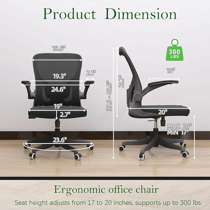 Ergonomic Office Chair, High-Back Mesh Desk Chair with Adjustable Height, Lumbar Support, Flip-Up Armrests,headrest，and Swivel Rolling Design for Home and Office Use