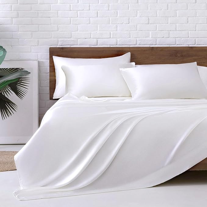 MR&HM Satin Bed Sheets, King Size Sheets Set, 6 Pcs Silky Bedding Set with 15 Inches Deep Pocket for Mattress (King, White)