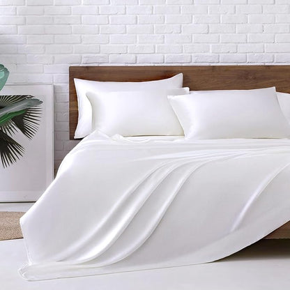 MR&HM Satin Bed Sheets, King Size Sheets Set, 6 Pcs Silky Bedding Set with 15 Inches Deep Pocket for Mattress (King, White)