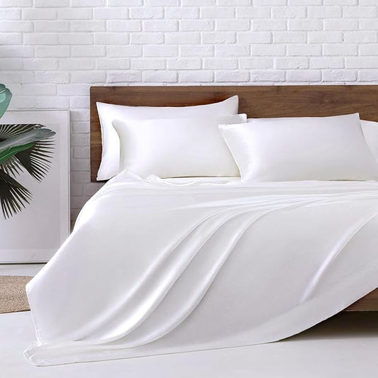 MR&HM Satin Bed Sheets, King Size Sheets Set, 6 Pcs Silky Bedding Set with 15 Inches Deep Pocket for Mattress (King, White)