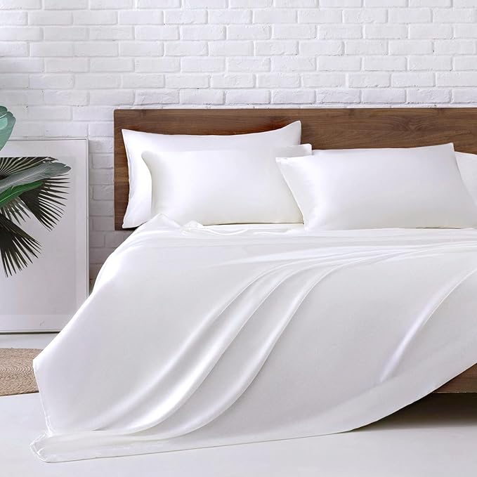 MR&HM Satin Bed Sheets, Queen Size Sheets Set, 6 Pcs Silky Bedding Set with 15 Inches Deep Pocket for Mattress (Queen, White)