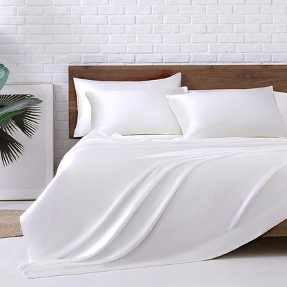 MR&HM Satin Bed Sheets, Queen Size Sheets Set, 6 Pcs Silky Bedding Set with 15 Inches Deep Pocket for Mattress (Queen, White)