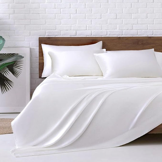 MR&HM Satin Bed Sheets, Queen Size Sheets Set, 6 Pcs Silky Bedding Set with 15 Inches Deep Pocket for Mattress (Queen, White)