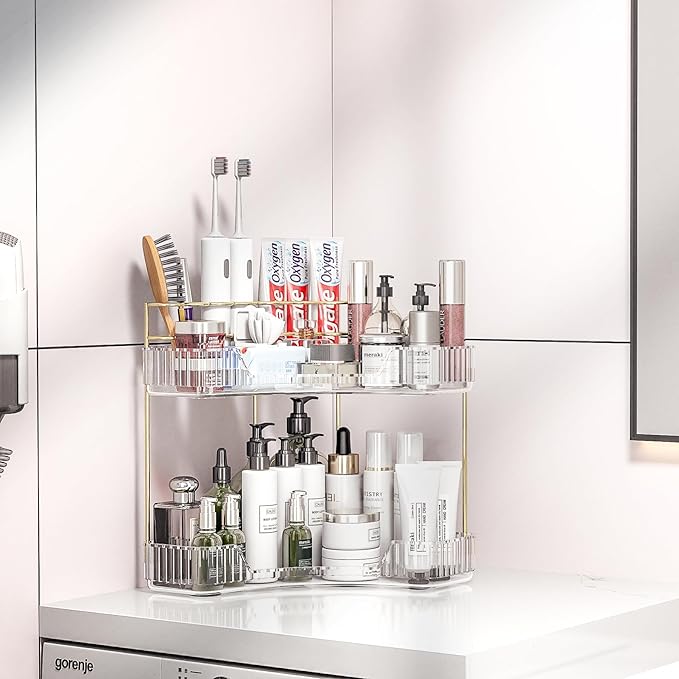 Makeup Organizer Countertop 2 Tier, Corner Bathroom Countertop Organizer with Toothbrush and Makeup Brush Holder, Corner Vanity Skincare Organization