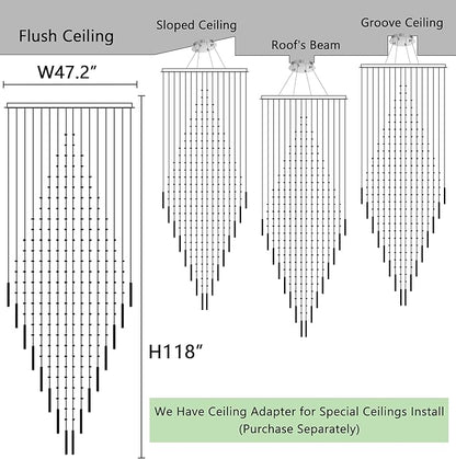 W47 x H120 Crystal LED Chandelier with Light Bulbs Luxury Raindrop High Ceiling Chandeliers for Entryway Villa Staircase Foyer Living Room Lighting Fixtures Silver