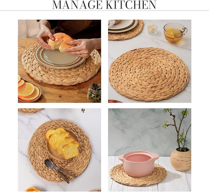 13.8" Set of 8 Round Water Hyacinth Placemats | Boho Woven Rattan Table Mats | Farmhouse Wicker Spring Plate Chargers Like Corn Husk, Seagrass for Wedding, Party, Christmas, Events