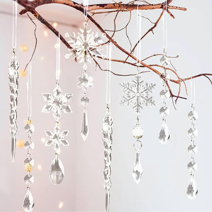 18pcs Christmas Tree Decoration Crystal Ornaments - Hanging Acrylic Christmas Snowflake Icicle Drop Crystal Ornaments for Xmas Tree Winter New Year Party Supplies