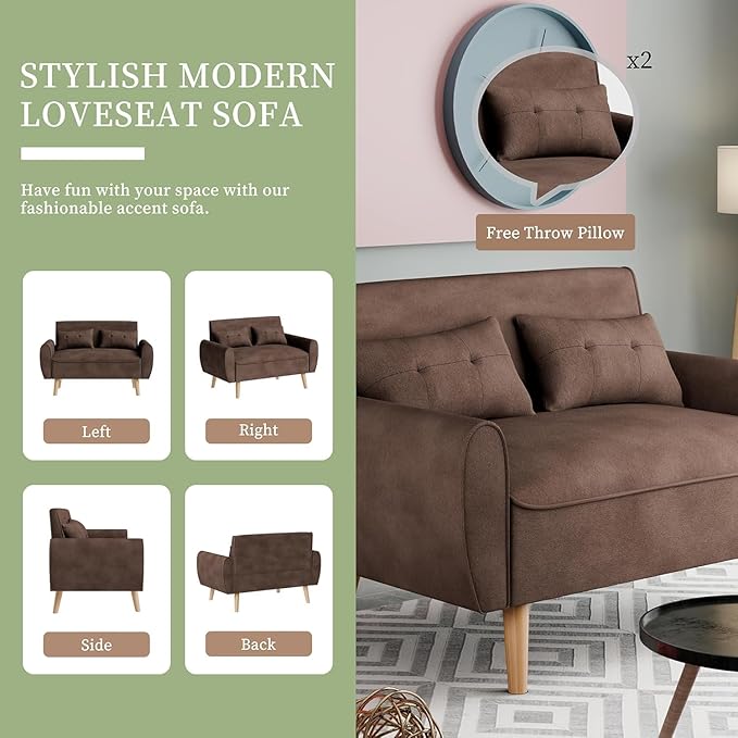 Vongrasig Small Modern Sofa, Mid Century Linen Fabric 3-Seat Sofa Couch Tufted with Back Cushions and Tapered Legs for Living Room, Bedroom and Small Space, Brown