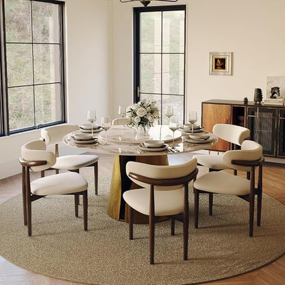 POVISON 59" Round Dining Table for 6, Modern Glossy Sintered Stone Dining Room Table Built in Lazy Susan for Kitchen,Glossy Dining Tabletop with Bronze Carbon Steel Pedestal(Table Only)