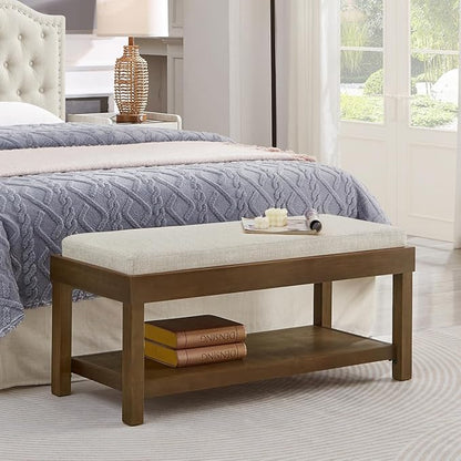 24KF Large Rectangular Storage Bench,Upholstered Seat Cushion,Ottoman Coffee Table with Beige Removable Cushion for Living Room,Entryway Bench Bed Bench with Solid Wood Shelf,5069-Beige