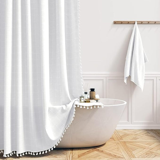 BTTN 84 Inch Wide Shower Curtain - W84xH72 Inch Boho Farmhouse Fabric Linen Shower Curtain Set with 14 Hooks, Large French Country Decorative Water-Resistant Cloth Bath Curtains for Bathroom, White
