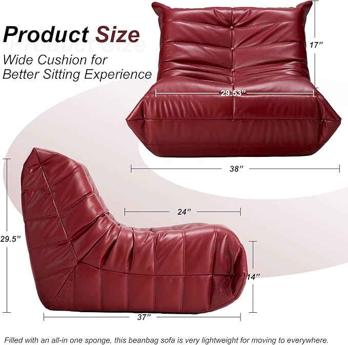 Hobestluk Giant Bean Bag Chair Lazy Floor Sofa, Fireside Sofa for Adults, Big Beanbag Faux Leather Armless Chair for Living Room Bedroom Dorm Office (WineRed, Single)