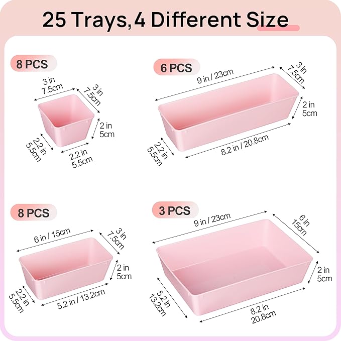 Vtopmart 25 PCS Plastic Drawer Organizers Set, 4-Size Versatile Bathroom and Vanity Drawer Organizer, Storage Bins for Makeup, Bedroom, Kitchen Gadgets Utensils and Office
