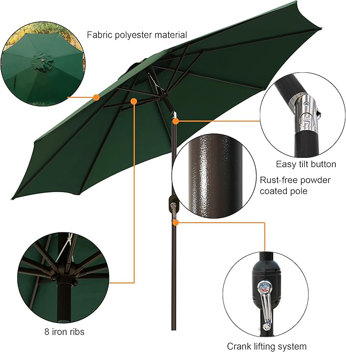 Blissun 9' Outdoor Patio Umbrella, Outdoor Table Umbrella, Yard Umbrella, Market Umbrella with 8 Sturdy Ribs, Push Button Tilt and Crank