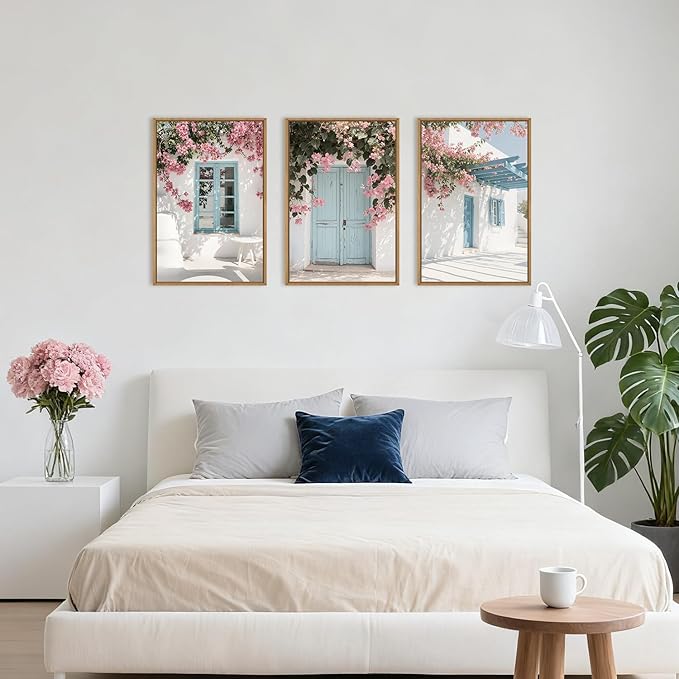 HOURIA Modern Greek Island Cityscape Framed Canvas Wall Art Set,European White House Blue Door Shutter Landscape Wall Decor,Santorini Natural Pink Flower Artwork for Living Room, Bedroom-24 x36 x3