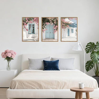 HOURIA Modern Greek Island Cityscape Framed Canvas Wall Art Set,European White House Blue Door Shutter Landscape Wall Decor,Santorini Natural Pink Flower Artwork for Living Room, Bedroom-24 x36 x3