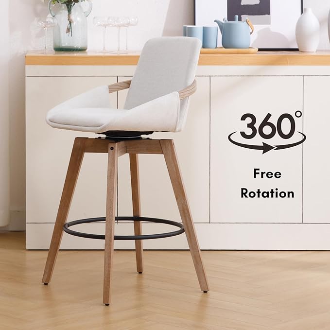 Mid-Century Swivel Bar Stools Set of 6, 26.5 inch Counter Height Barstools Linen Fabric Bar Chairs with Wooden Frame for Kitchen Island Dining Room, White