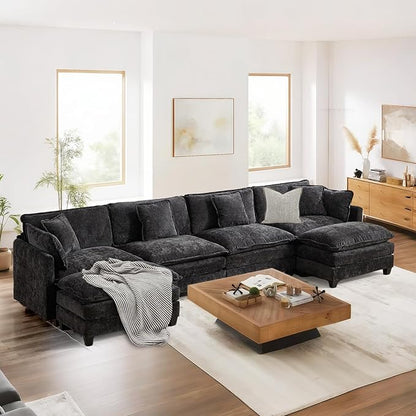 SoarFlash 143.2" Chenille Sectional Sofa, Comfy U Shaped Modular Coush Sofa with Ottoman, Modern 4 Seat Couch Deep Seat Sofa Set for Living Room,Black
