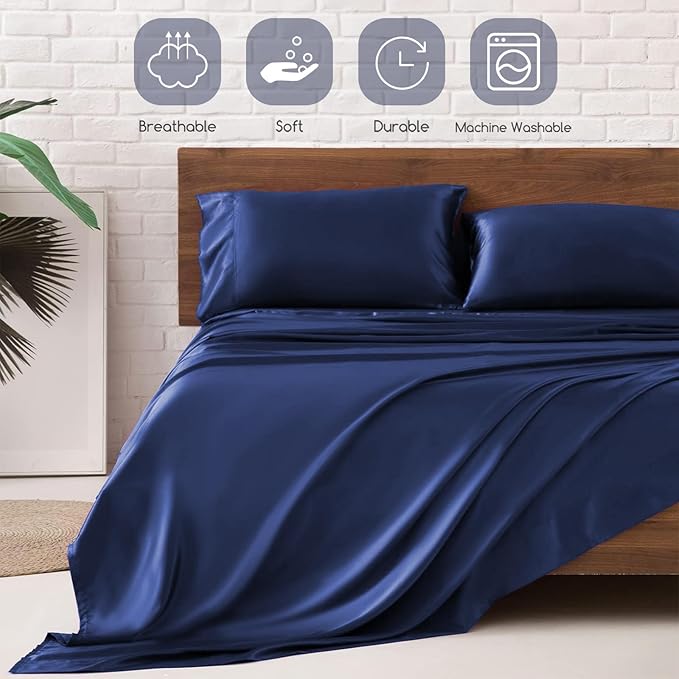 MR&HM Satin Bed Sheets, Twin XL Size Sheets Set, 3 Pcs Silky Bedding Set with 15 Inches Deep Pocket for Mattress (Twin XL, Navy Blue)
