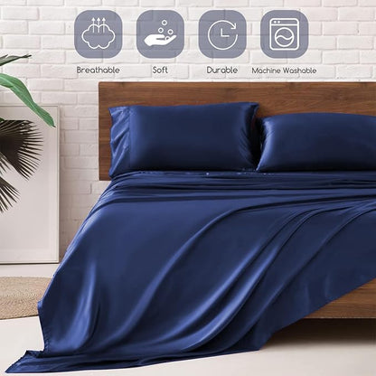 MR&HM Satin Bed Sheets, Full Size Sheets Set, 4 Pcs Silky Bedding Set with 15 Inches Deep Pocket for Mattress (Full, Navy Blue)