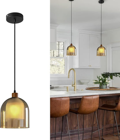 Aisilan Large Gold Pendant Light Fixture Modern Amber 7" Glass Pendant Lights Adjustable Vintage Pendant Light with 5W E12 Bulb Hanging Light Fixture for Kitchen Island Living Room Dining Room