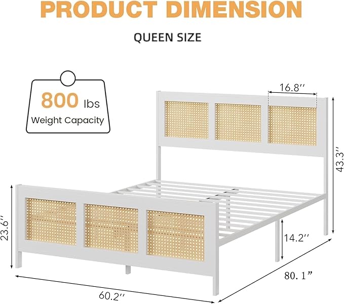 GarveeHome Queen Rattan Bed Frame with Headboard, White Boho Cane Platform Bed Frame with Strong Metal Slat, Noise Free, No Box Spring Needed