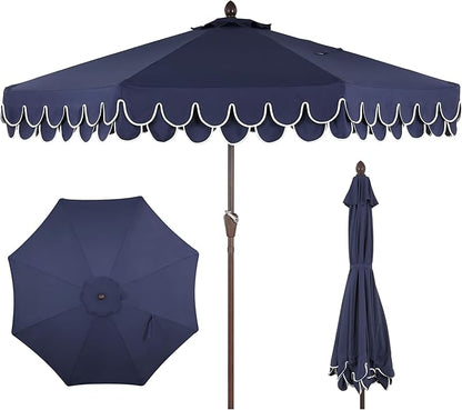 JONATHAN Y UMB1002B Tracy 9 ft. Classic MidCentury Scalloped Fringe Market Patio Umbrella with Auto-Tilt, Crank, Wind Vent and UV Protection in Navy/White