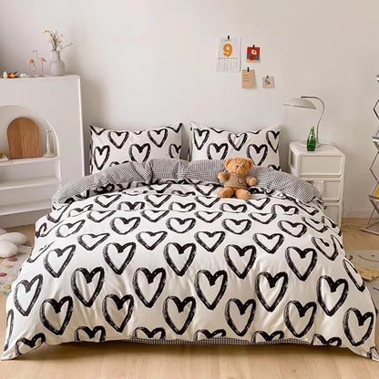 CLOTHKNOW Black and White Full Size Comforter Sets Love Shaped Bedding Comforter Sets Kawaii Love Black Comforter with 2 x Pillow Cases