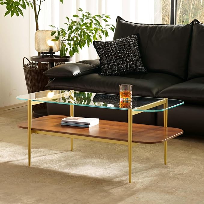 Saint Mossi Tadio Oval Glass Coffee Table, Double Layer Coffee Table for Living Room, Clear Glass & Coffee Brown MDF Bottom Shelf, H17xL47xW21