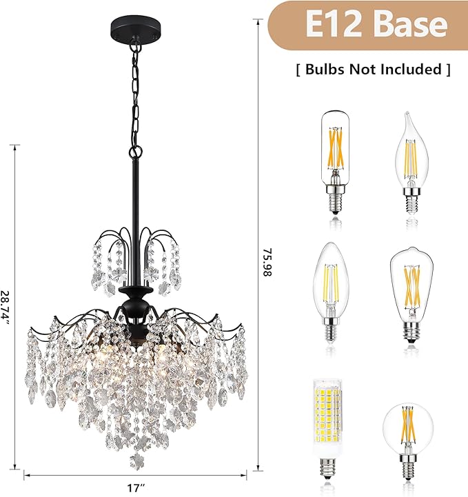 Q&S Crystal Chandelier for Dining Room,Modern Black Crystal Pendant Light,6 Lights for Kitchen Island Entryway Bathroom Office Bar UL Listed