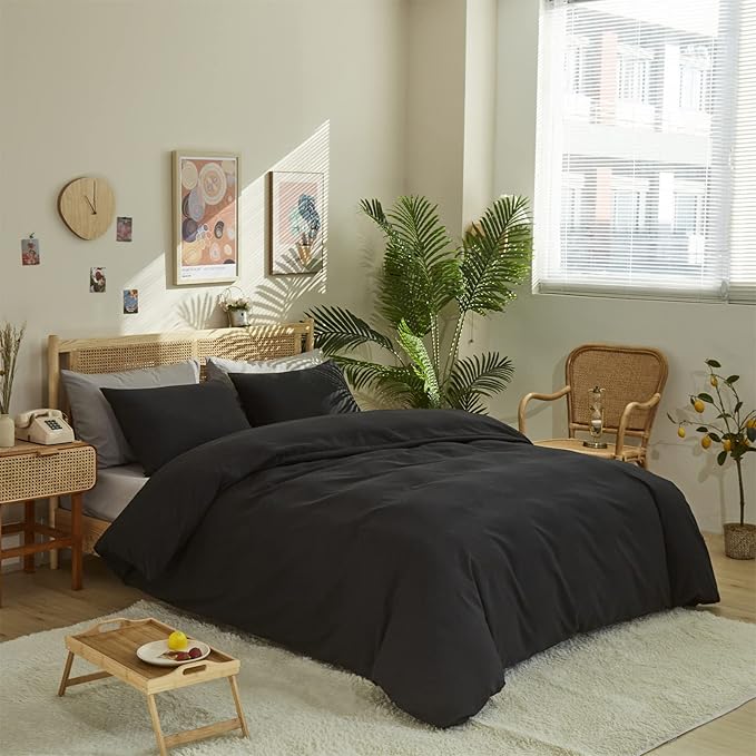 Pureant Black Comforter Full Size Solid Color Bedding Set Women Men Pure Black Quilts Soft Breathable Dark Color Comforter Set 3 Pieces Lightweight Durable Bedding