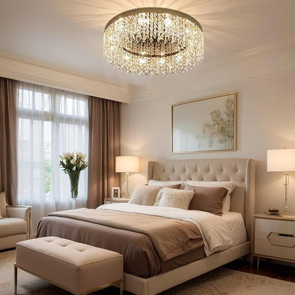Modern Crystal Chandelier 20 inch Round Raindrop Crystal Chandeliers Flush Mount Chandelier Chrome Silver Ceiling Light Fixture for Living Room Dining Room Bedroom