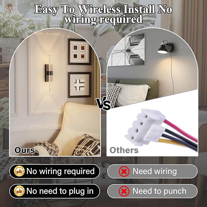 camuucci Battery Operated Black Wall Sconces Set of 2 Rechargeable Battery Powered Wall Light with 12000mAh Indoor Not Hardwired Dimmable Wall Lamp Fixtures for Bedroom Living Room 15.3 Inches