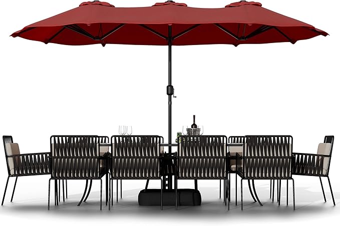 Shintenchi 16FT Large Patio Umbrella with Base, Outdoor Double-Sided Rectangular Umbrella, Market Umbrella with Crank Handle for Poolside Lawn Garden, Red
